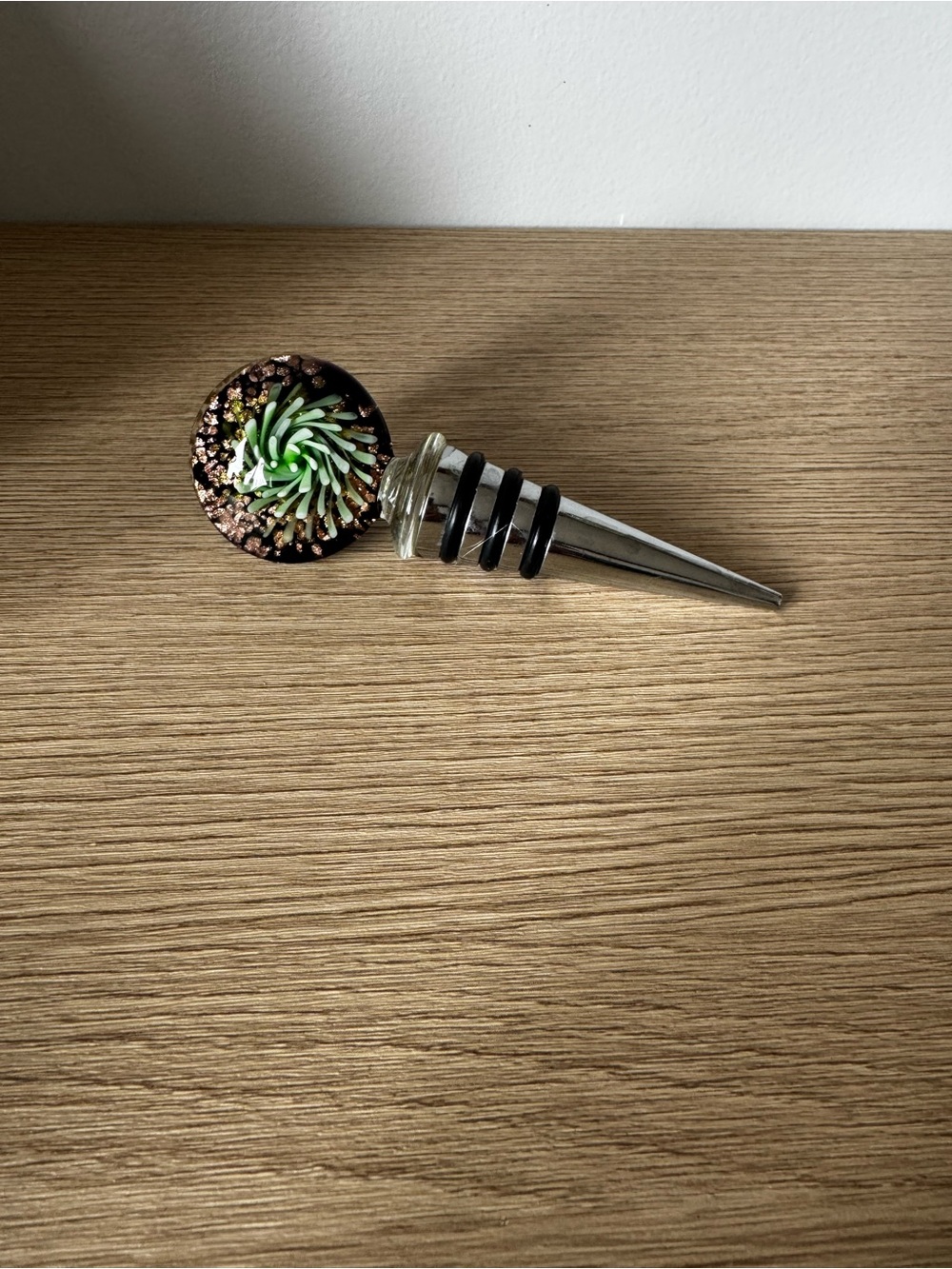 Blown Glass Wine Bottle Stopper - Silver and Green